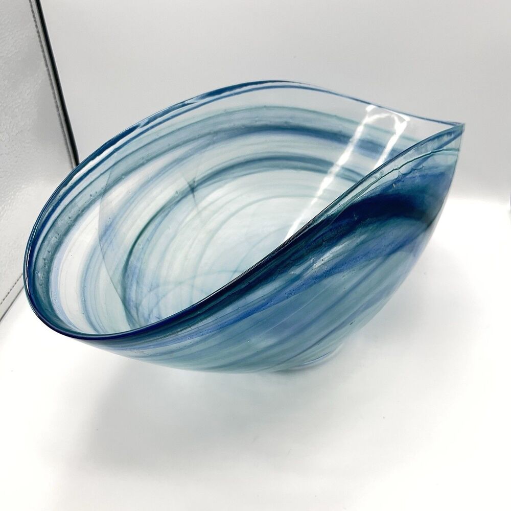 14"x7" Oval Blue Folded Satin Glass Bowl Lines Swirls - Picture 11 of 16
